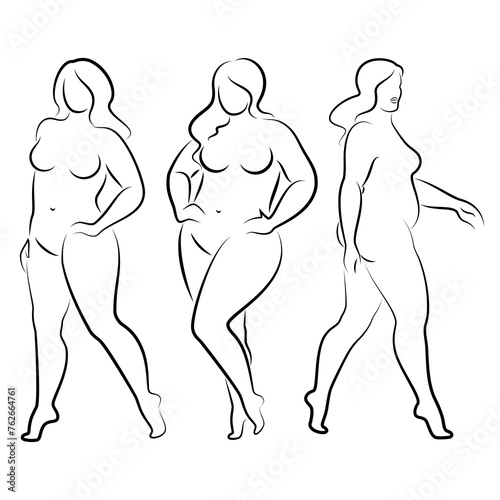 Collection. Silhouette of the figure of a slender naked woman. The girl is standing, she is overweight. A lady full of beauty and sexuality. Vector illustration set.
