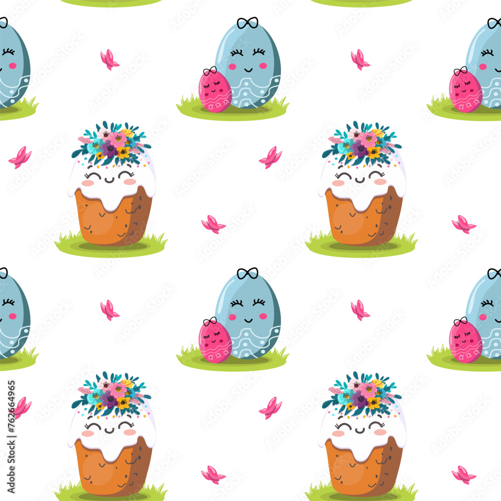 Fototapeta premium Easter kulich with a wreath of flowers. On light background for cards, banners, textiles. Vector illustration.