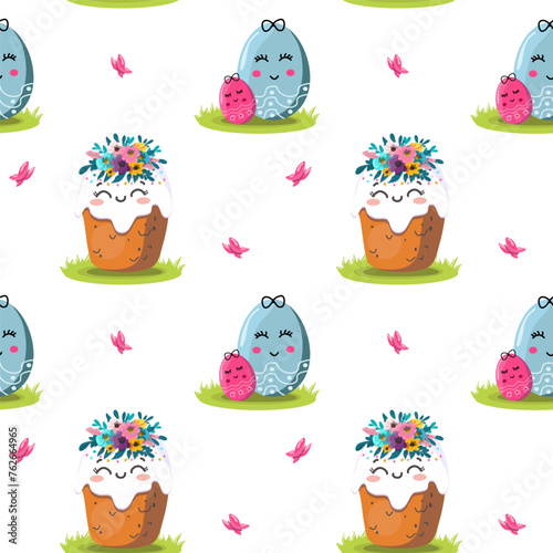 Easter kulich with a wreath of flowers. On light background for cards, banners, textiles. Vector illustration.