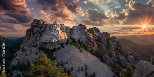 Mount Rushmore monument with surrounding landscape at sunset photo