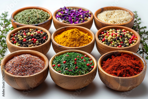 Set of spices and condiments in small bowls photo