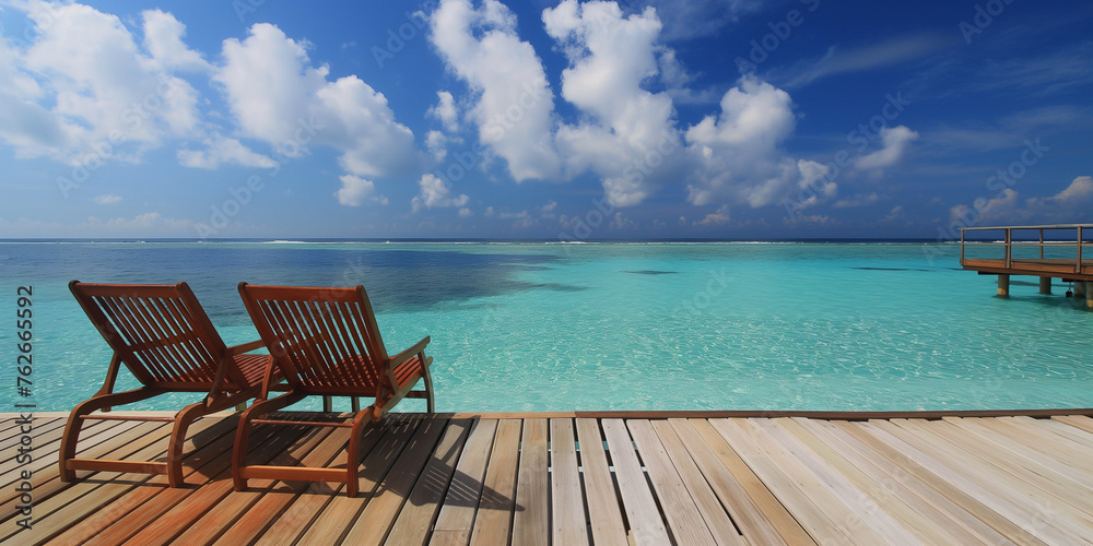 two beach chairs by turquoise water and blue sky, vacation concept