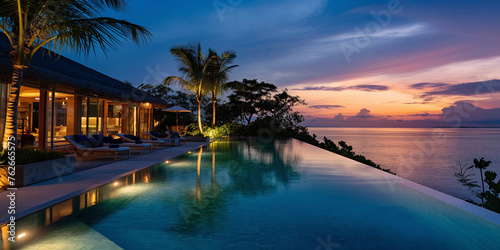 swimming pool of a luxury ocean resort on tropical island in the evening