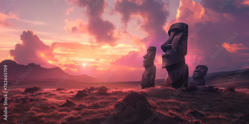 Easter Island Moai statues at a pink sunrise, ancient totem gods