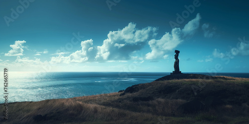 Easter Island Moai statue overlooking pacific ocean, ancient totem god