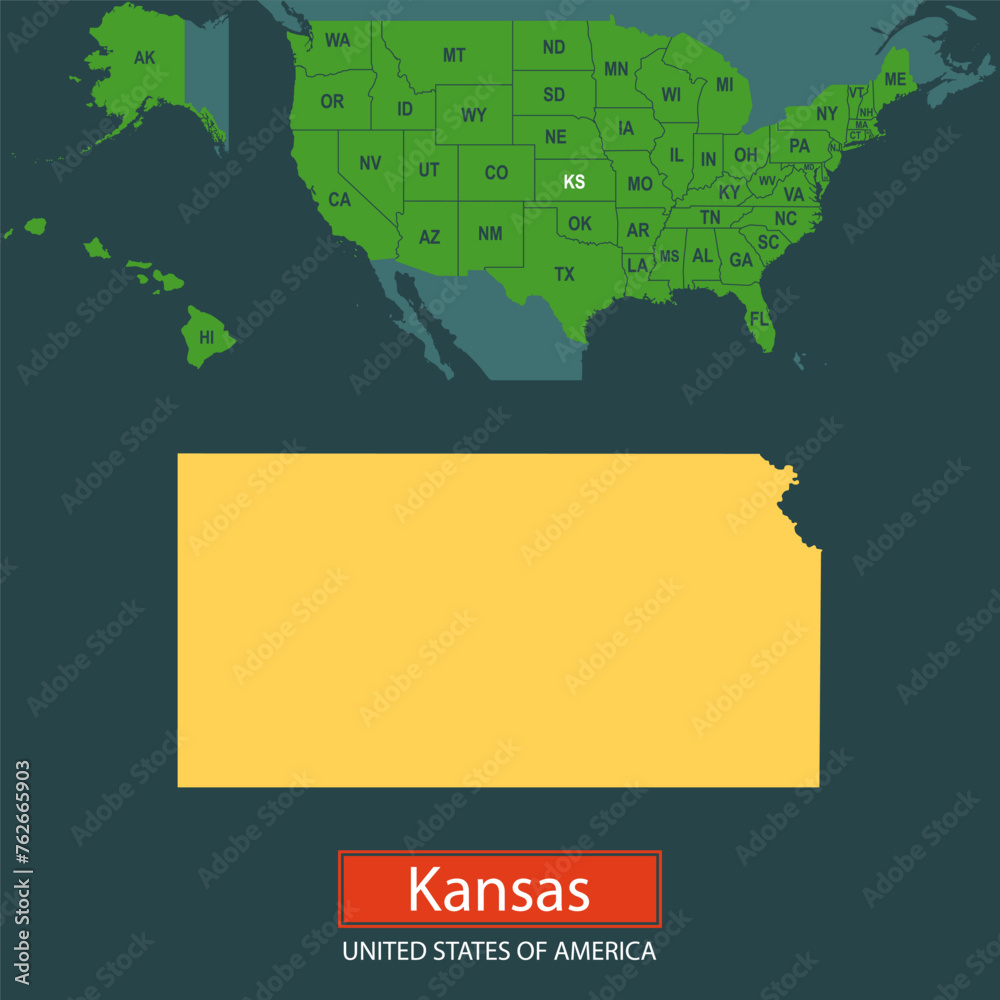 United States of America, Kansas state, map borders of the USA Kansas state.
