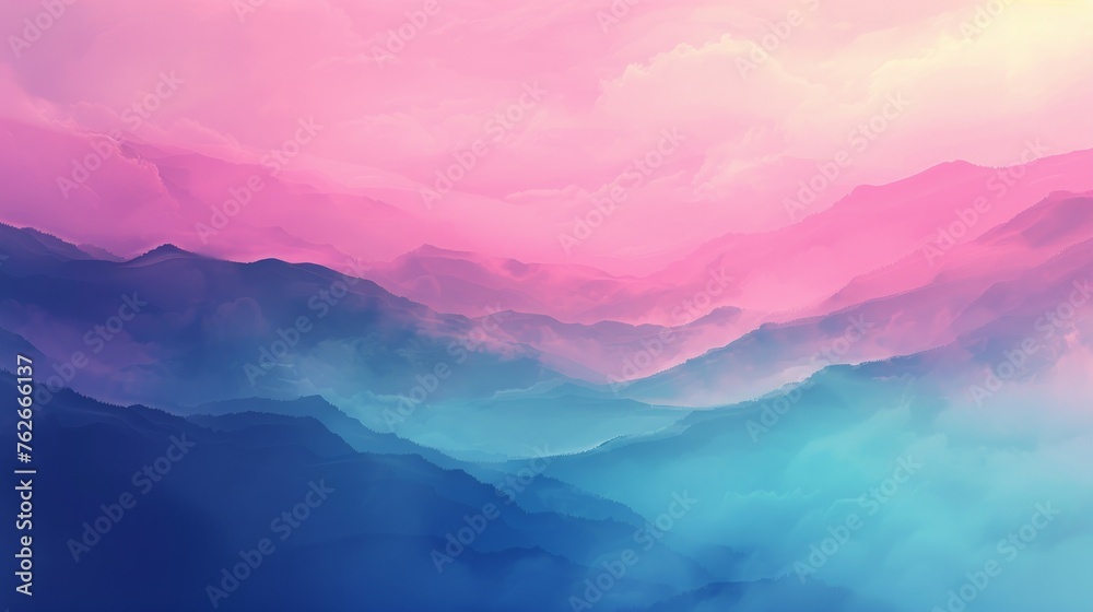 Digital art of a misty mountain range in pastel colors, creating a serene and abstract wallpaper