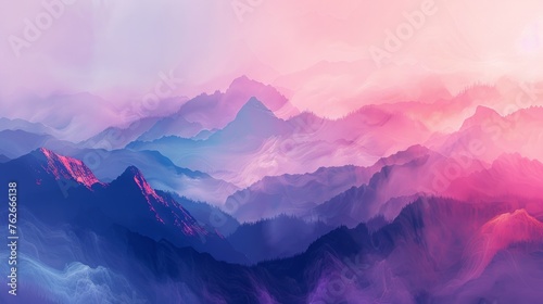 A mountain range with pink and blue colors