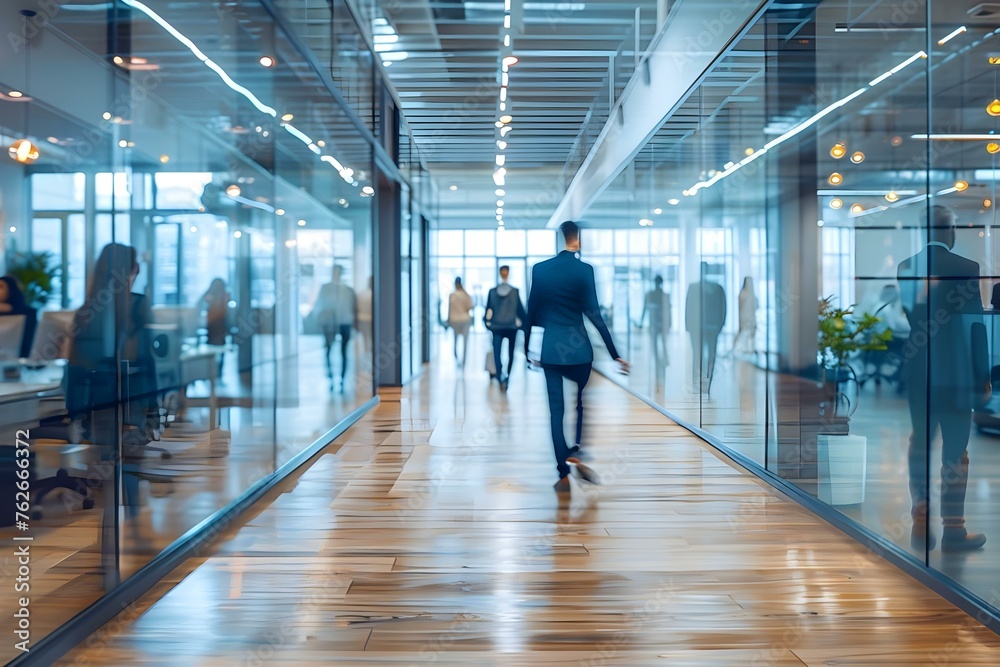 Obraz premium Busy professionals rushing through modern office space with glass walls and decks. Concept Office Chaos, Corporate Lifestyle, Stressful Work Environment, Fast-Paced Office Culture