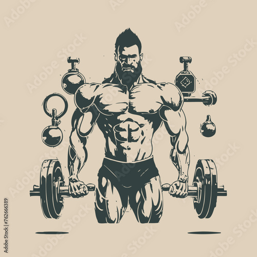 red white black modern style minimalist lines of a strong muscle pose strong body builder anatomy man at gym with bundle Doing exercises in all body positions using different gym equipment