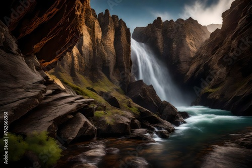 The waterfall framed by jagged cliffs  creating a dramatic contrast between the rugged rocks and the flowing water