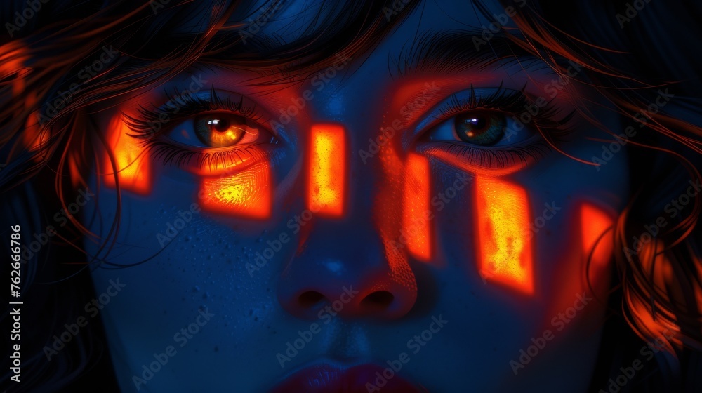  Close-up portrait of a woman, her face illuminated by red light from within her eyes
