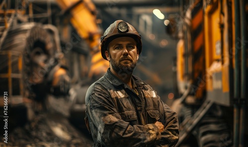 miner worker in a mine against the background of mining equipment