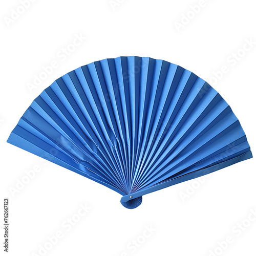 Blue Chinese paper folding fan on white background,png
