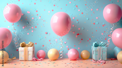Colorful child birthday invitation card with balloons and gifts, with space for text. © Katerina Bond