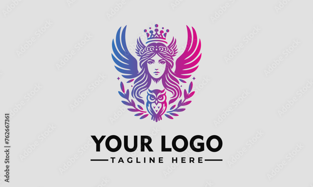 logo simple of a beautiful female goddess of wisdom with wings, a crown, and an owl neckline