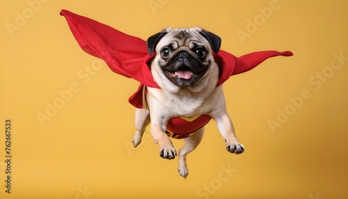 superhero dog, Cute pug with a cloak and mask jumping and flying on a background with copy space. The concept of a superhero, funny dog pet, magical, funny animal studio shot