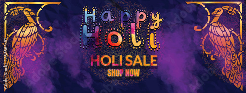 Holi website banner poster for sale and promotion template design. Indian Festival of Colors celebration with text special holi sale.	 photo