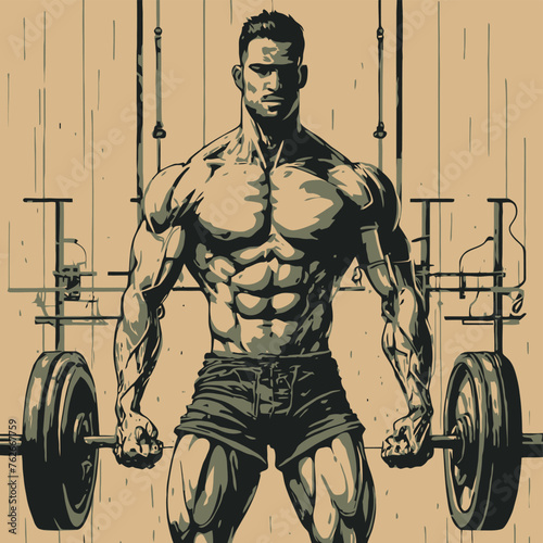 red white black modern style minimalist lines of a strong muscle pose strong body builder anatomy man at gym with bundle Doing exercises in all body positions using different gym equipment