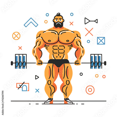 red white black modern style minimalist lines of a strong muscle pose strong body builder anatomy man at gym with bundle Doing exercises in all body positions using different gym equipment