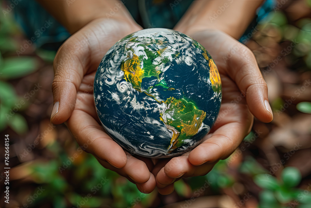 Man is holding a globe in their hands. Concept of curiosity and wonder about the world Man is holding a globe in their hands. Concept of curiosity and wonder about the world