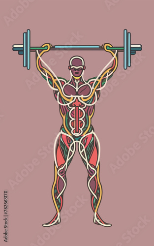 red white black modern style minimalist lines of a strong muscle pose strong body builder anatomy man at gym with bundle Doing exercises in all body positions using different gym equipment