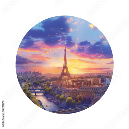 Paris city view with Eiffel Tower at sunset digital illustration in a circle on a transparent background