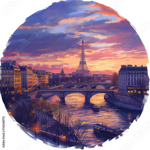 Paris city view at sunset digital illustration in a circle on a transparent background