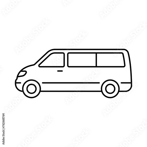 Minivan icon. Minibus. Black contour linear silhouette. Editable strokes. Side view. Vector simple flat graphic illustration. Isolated object on a white background. Isolate.