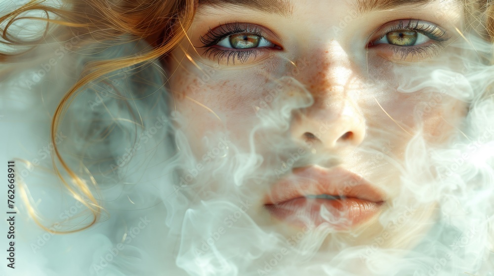  A woman's face, close-up, blowing in the wind, with smoke rising from her eyes