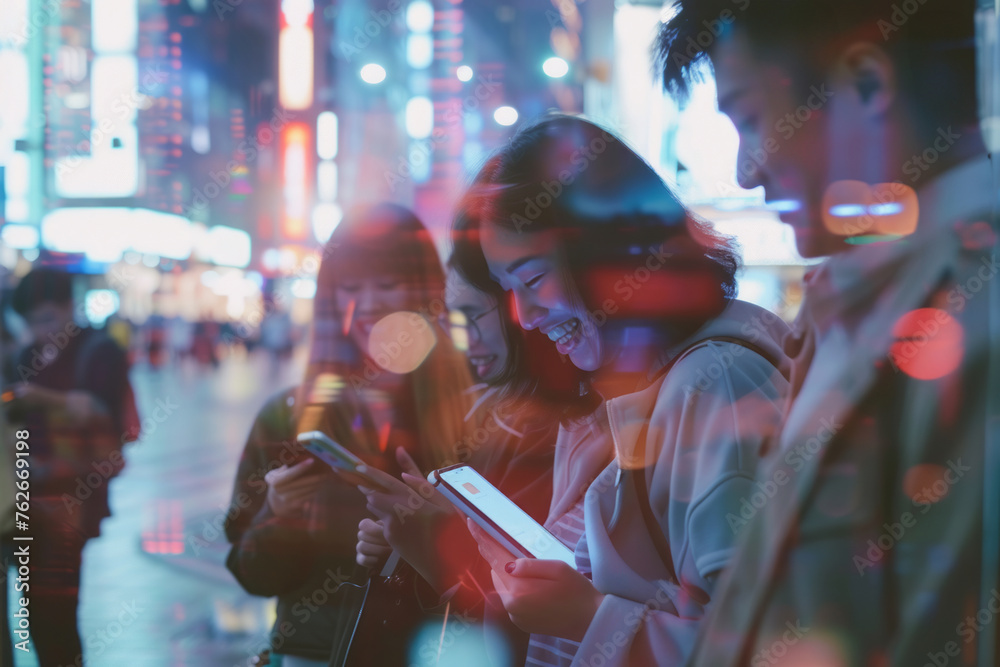 A group of young people look at a smartphone and smile against the backdrop of bright city lights, social media concept