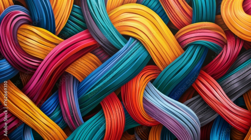 Vibrant knot of intertwined lines, symbolizing complexity and connection in a colorful abstract design.