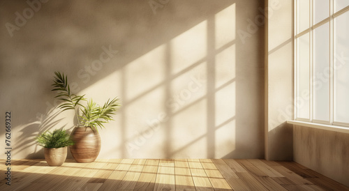 Sunlight casting shadows of window frames on a wall with potted plants and a wooden floor of big empty room