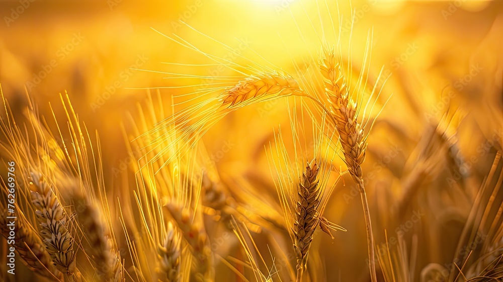 Experience the essence of summer with a close-up of golden wheat ears against a backdrop of a vast wheat field, symbolizing the bountiful harvesting period Experience the essence of summer with a close-up of golden wheat ears against a backdrop of a vast wheat field, symbolizing the bountiful harvesting period