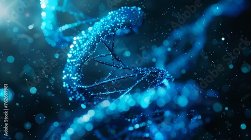 DNA double helix structure with glowing nodes. Genetics and biotechnology concept. 3D render on a dark blue background.