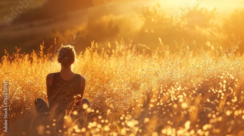 Child in a field at sunset. Golden hour backlit portrait. Peaceful nature and childhood concept for design and print. © Andrey