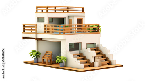 A detailed model of a house featuring a charming balcony and intricate stairs  showcasing craftsmanship and design