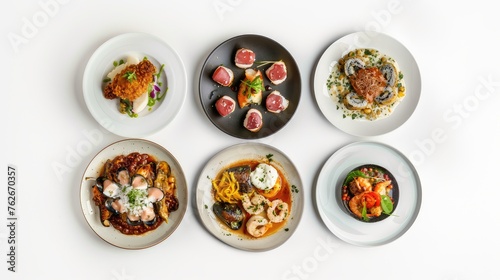 Delight your senses with our enticing image presenting a variety of six plates of delicious food, isolated on white, seen from a top view