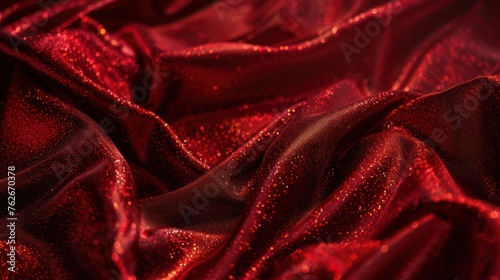 Red sequined fabric texture. Close-up of sparkling sequins on textile for design and print