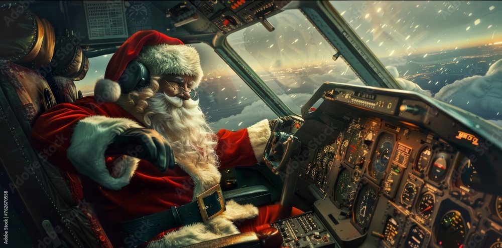 Santa Claus flies in the cockpit of an airplane