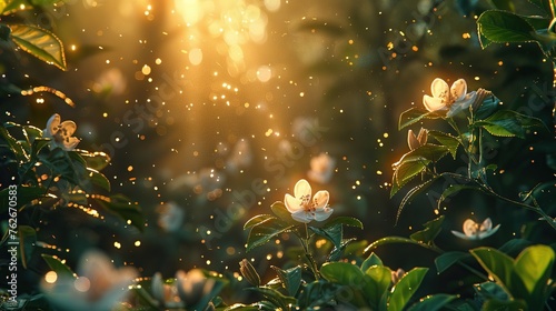 Serene Morning Garden with Fresh Blooms and Sparkling Dew in Sunlight