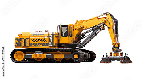 A yellow and black construction vehicle stands out on a pristine white background
