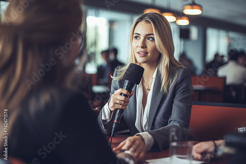 Woman being interviewed in a busy cafe holding a microphone.