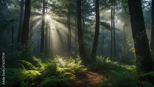 A sunlit path winds through a misty forest. The sun's rays shine through the trees, illuminating the path and the ferns that line it. The forest is green and lush, and the air is filled with mist. © muheeb