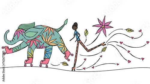 Elephant and Woman Rollerskate Together