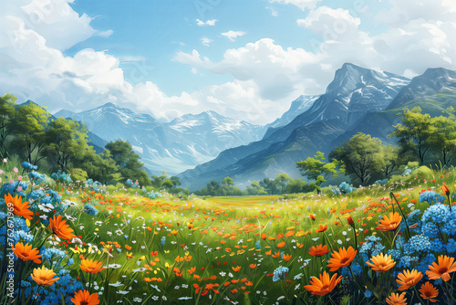 Painting of a meadow of flowers with daisies and more wildflowers and mountains in the back