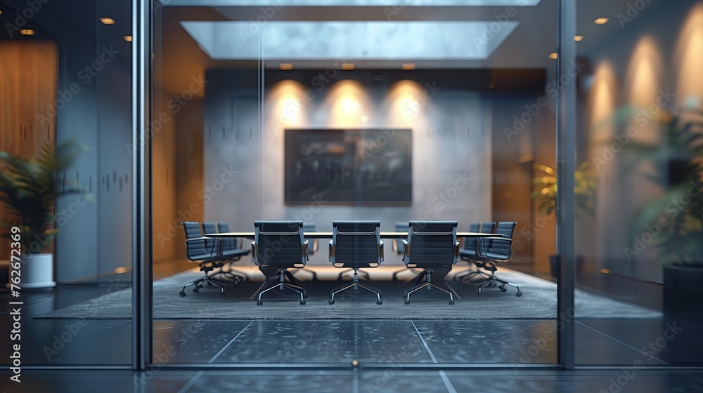 Modern conference room interior with glass walls, panoramic windows and city view. Blurred office background, business background, out of focus Modern conference room interior with glass walls, panoramic windows and city view. Blurred office background, business background, out of focus