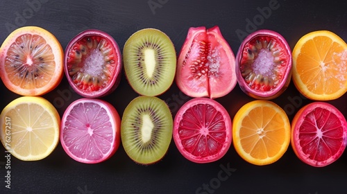  A collection of fragmented fruit resting atop a dark table alongside oranges and kiwis