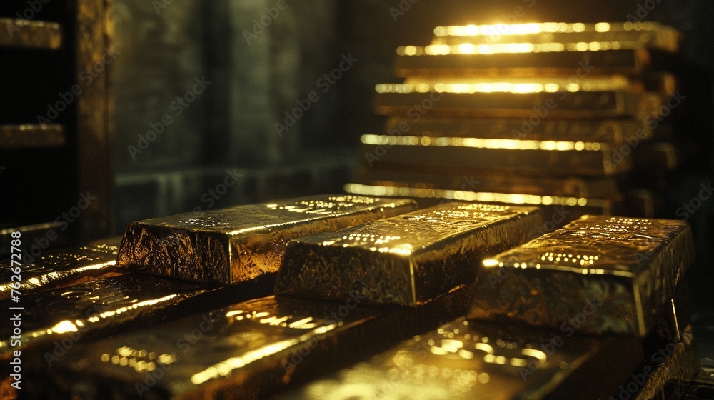 Pile of shimmering gold bars in a secure vault, soft overhead lighting accentuates the luster and detail of each bar