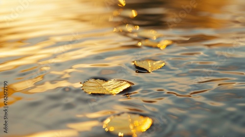 A detailed macro shot of six gold leaf flakes resting on the surface of a calm body of water